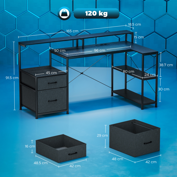  Birou Gaming cu Spatii de Stocare si 2 Suporturi pentru Monitoare, din Lemn si Otel, 165x80x91.5 cm, Negru [3]