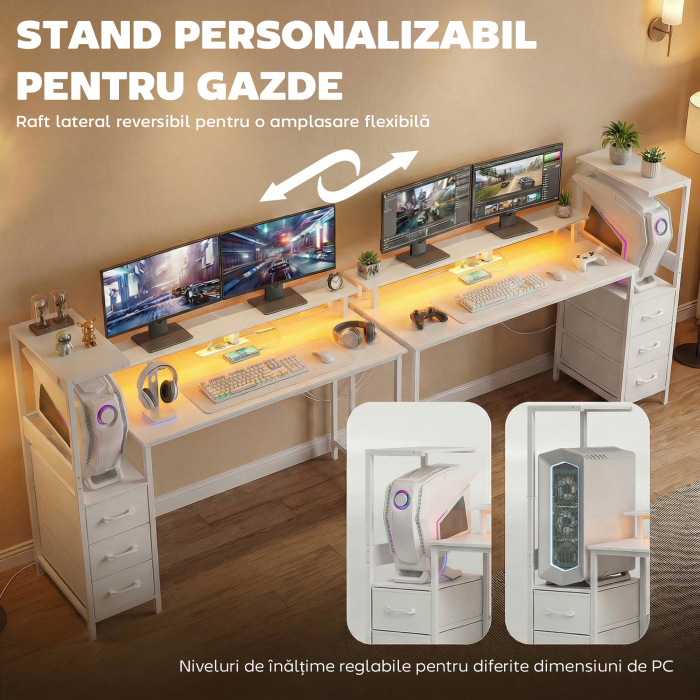  Birou Gaming cu Suport CPU Reglabil Reversibil si LED, 147x47 cm, Statie de incarcare, Suport Monitor, 3 Sertare din Material Textil, pentru Acasa, Birou sau Studio, Alb [4]