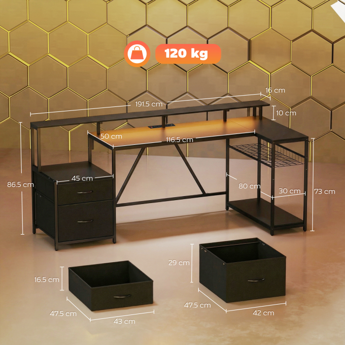  Birou Gaming Reversibil in Forma de L cu LED, 192,5cm Birou Coltar cu Prize Electrice, Suport Monitor si CPU, 2 Sertare din Material Textil pentru Documente A4/Legal, pentru Casa Birou Studio, Negru [3]