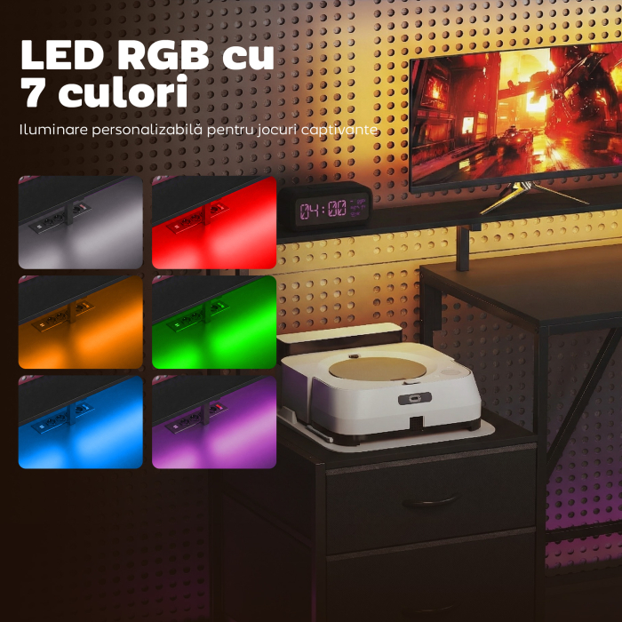  Birou Gaming Reversibil in Forma de L cu LED, 192,5cm Birou Coltar cu Prize Electrice, Suport Monitor si CPU, 2 Sertare din Material Textil pentru Documente A4/Legal, pentru Casa Birou Studio, Negru [4]
