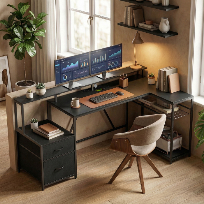  Birou Gaming Reversibil in Forma de L cu LED, 192,5cm Birou Coltar cu Prize Electrice, Suport Monitor si CPU, 2 Sertare din Material Textil pentru Documente A4/Legal, pentru Casa Birou Studio, Negru [8]
