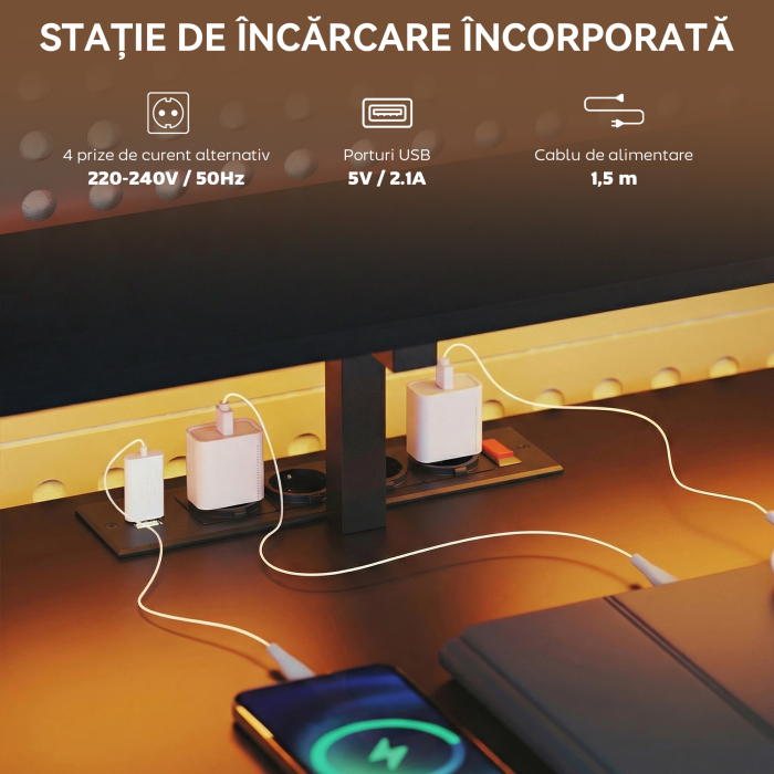  Birou Gaming Reversibil in Forma de L cu LED, 192,5cm Birou Coltar cu Prize Electrice, Suport Monitor si CPU, 2 Sertare din Material Textil pentru Documente A4/Legal, pentru Casa Birou Studio, Negru [6]