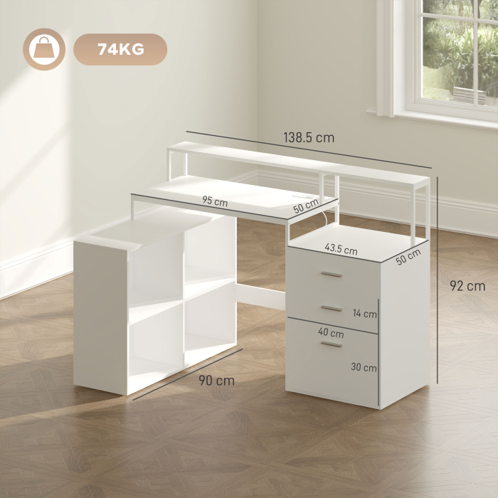  Birou in Forma de L cu Prize de Curent, Sertar si Suport pentru Monitor, 138,5x90x92 cm, Alb [3]