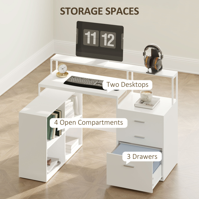  Birou in Forma de L cu Prize de Curent, Sertar si Suport pentru Monitor, 138,5x90x92 cm, Alb [5]
