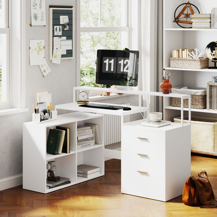  Birou in Forma de L cu Prize de Curent, Sertar si Suport pentru Monitor, 138,5x90x92 cm, Alb [2]