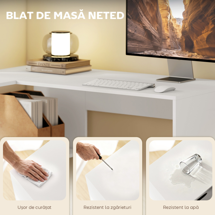  Birou in Forma de L pentru Computer, 110x100 cm, Birou cu Raft si Sertar din Material Textil, Masa PC pentru Dormitor, Birou si Camera de Studiu, Alb [6]