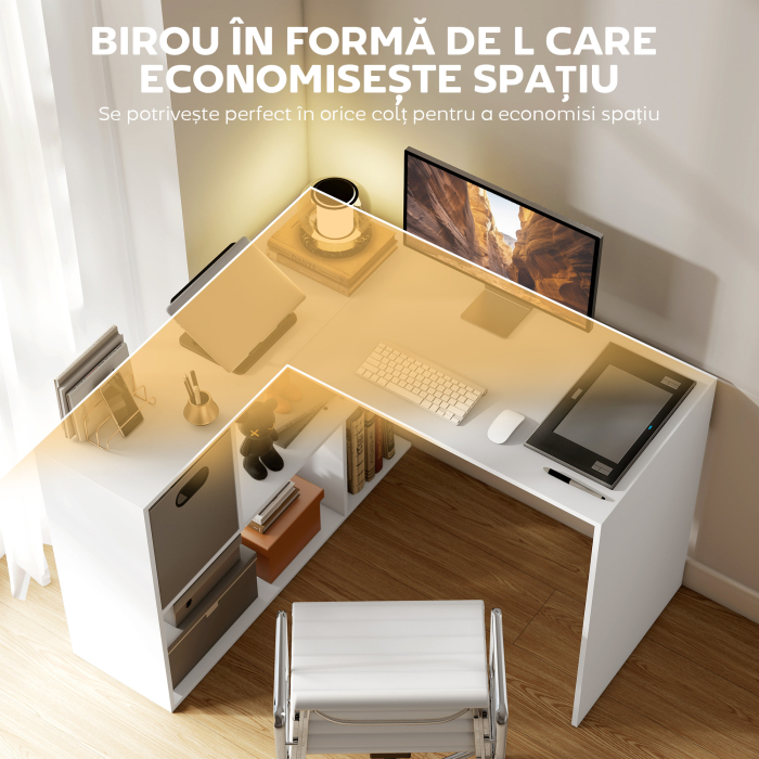  Birou in Forma de L pentru Computer, 110x100 cm, Birou cu Raft si Sertar din Material Textil, Masa PC pentru Dormitor, Birou si Camera de Studiu, Alb [4]