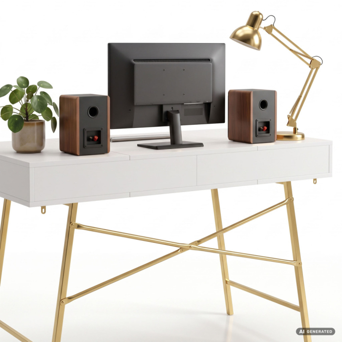 Birou industrial, MDF melaminat, cu 2 sertare si raft, cadru metalic, 120x50x81 cm, alb cu elemente auriu [4]