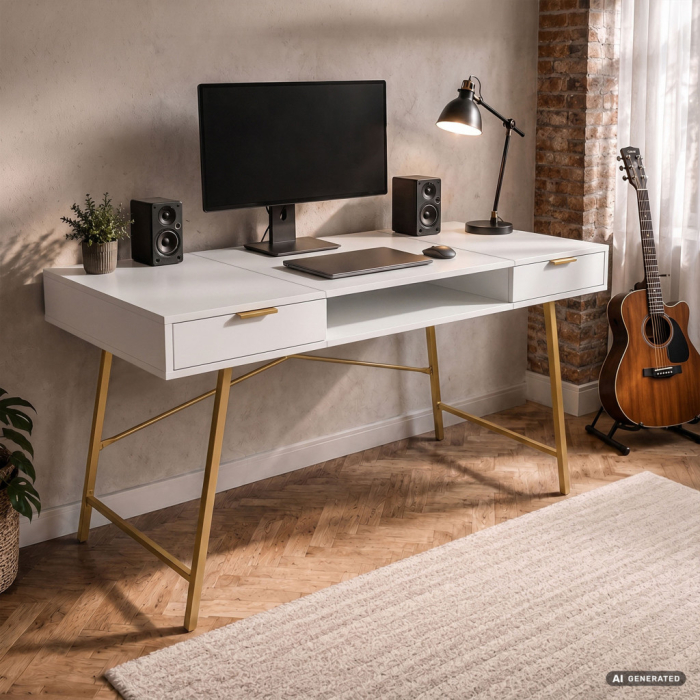 Birou industrial, MDF melaminat, cu 2 sertare si raft, cadru metalic, 120x50x81 cm, alb cu elemente auriu [8]