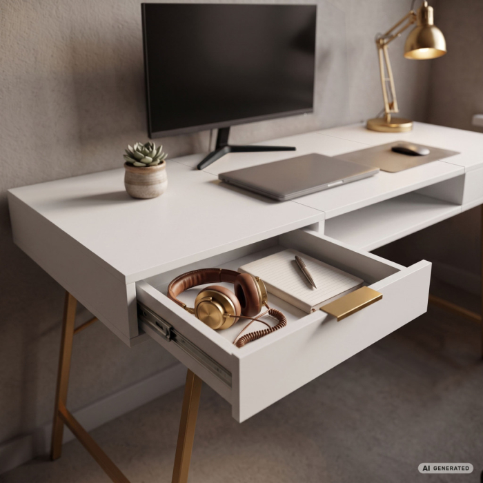 Birou industrial, MDF melaminat, cu 2 sertare si raft, cadru metalic, 120x50x81 cm, alb cu elemente auriu [6]