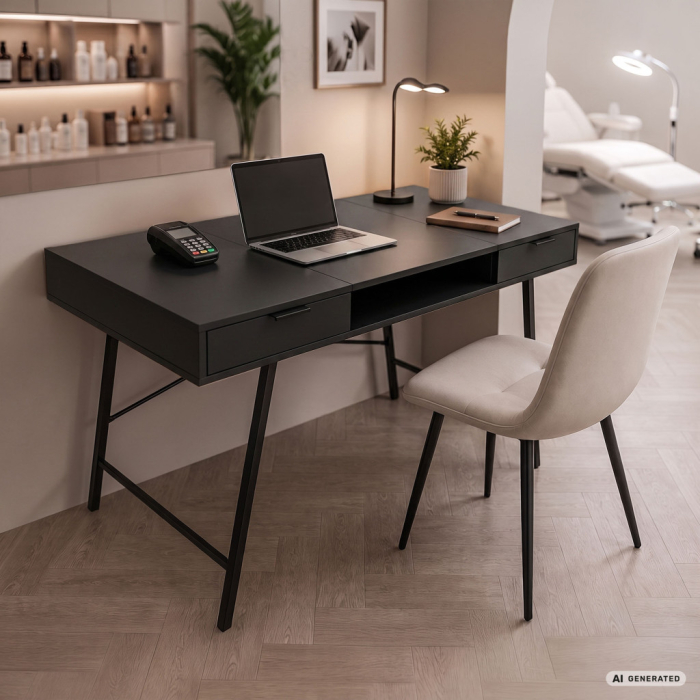 Birou industrial, MDF melaminat, cu 2 sertare si raft, cadru metalic, 120x50x81 cm, negru [9]