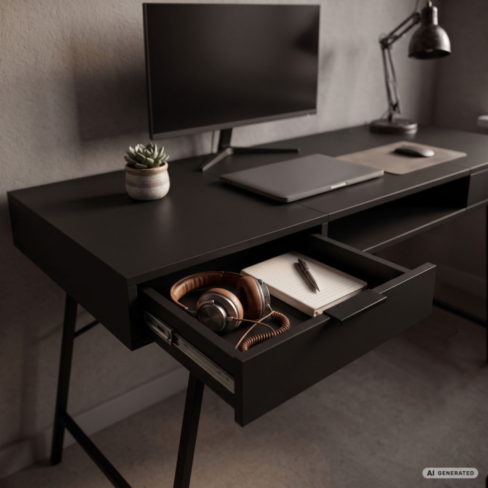 Birou industrial, MDF melaminat, cu 2 sertare si raft, cadru metalic, 120x50x81 cm, negru [6]