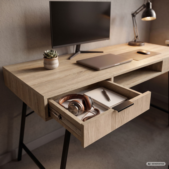 Birou industrial, MDF melaminat, cu 2 sertare si raft, cadru metalic, 120x50x81 cm, stejar sonoma [6]