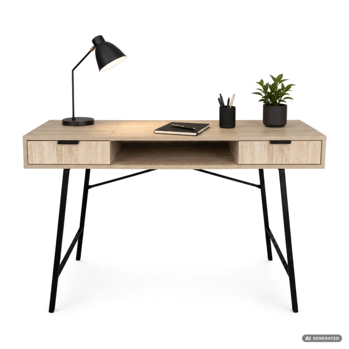 Birou industrial, MDF melaminat, cu 2 sertare si raft, cadru metalic, 120x50x81 cm, stejar sonoma [2]