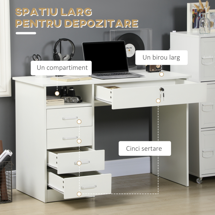  Birou Lemn Alb 110×50×76 cm - 2 Sertare & inchidere cu Cheie [5]