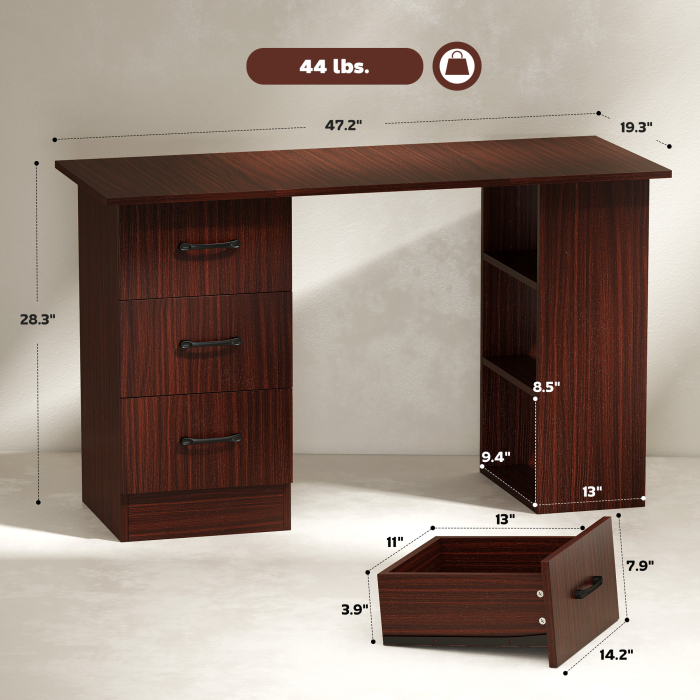 Birou Lemn Nuc - Cu 3 Sertare & 3 Rafturi Reversibile, 120 cm [3]
