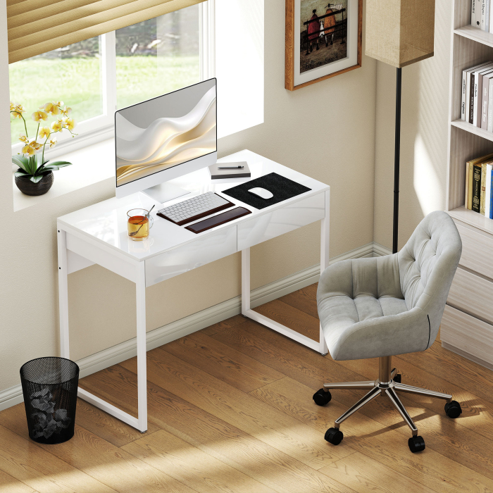  Birou Modern cu 2 Sertare si Picioare din Otel, 100x50x75 cm, Alb Lucios [8]