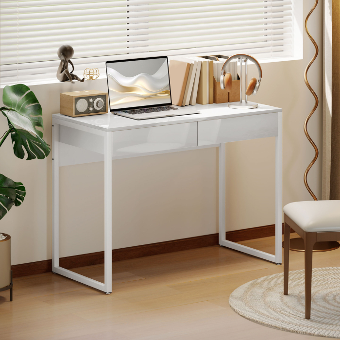 Birou Modern cu 2 Sertare si Picioare din Otel, 100x50x75 cm, Alb Lucios [2]