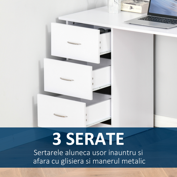  Birou modern cu 3 Sertare si Rafturi in Lemn Alb 120x49x72cm [5]