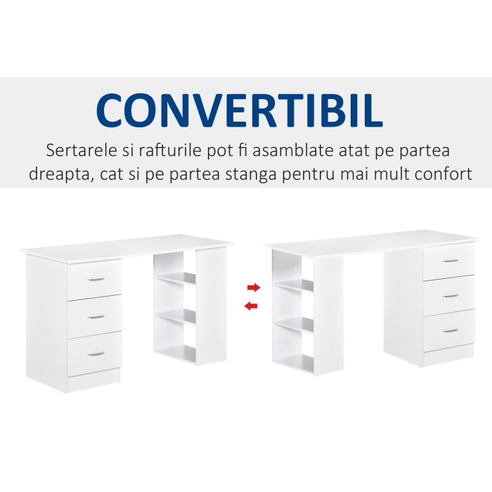 Birou modern cu 3 Sertare si Rafturi in Lemn Alb 120x49x72cm [6]