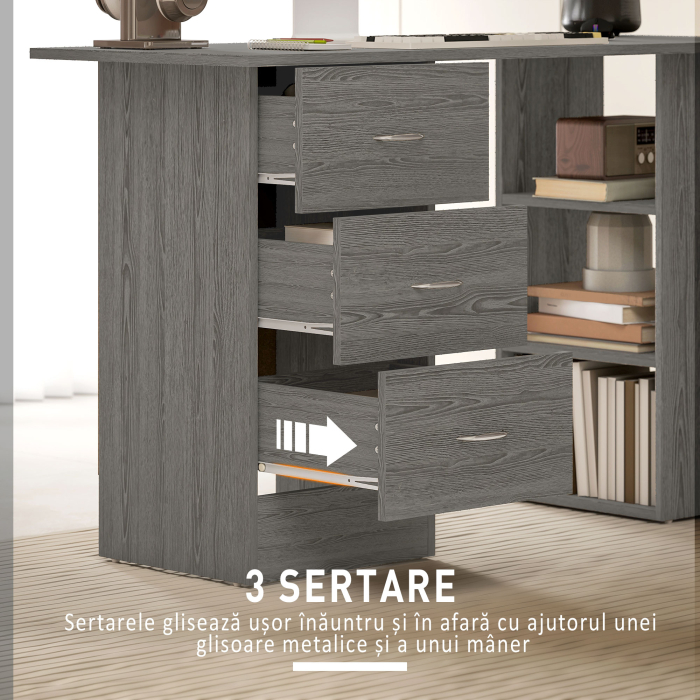  Birou modern cu 3 Sertare si Rafturi in Lemn Alb 120x49x72cm [5]