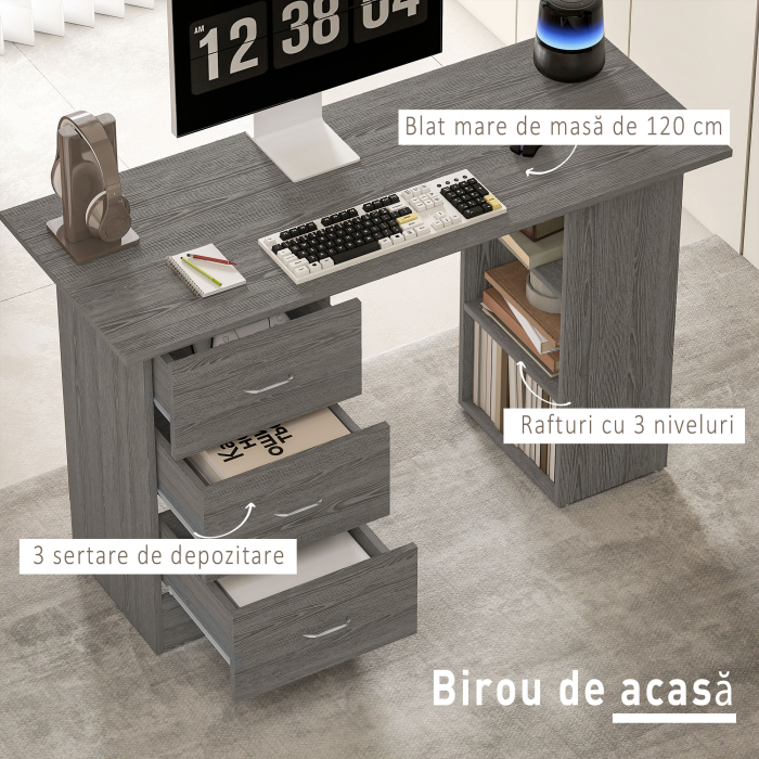  Birou modern cu 3 Sertare si Rafturi in Lemn Alb 120x49x72cm [4]