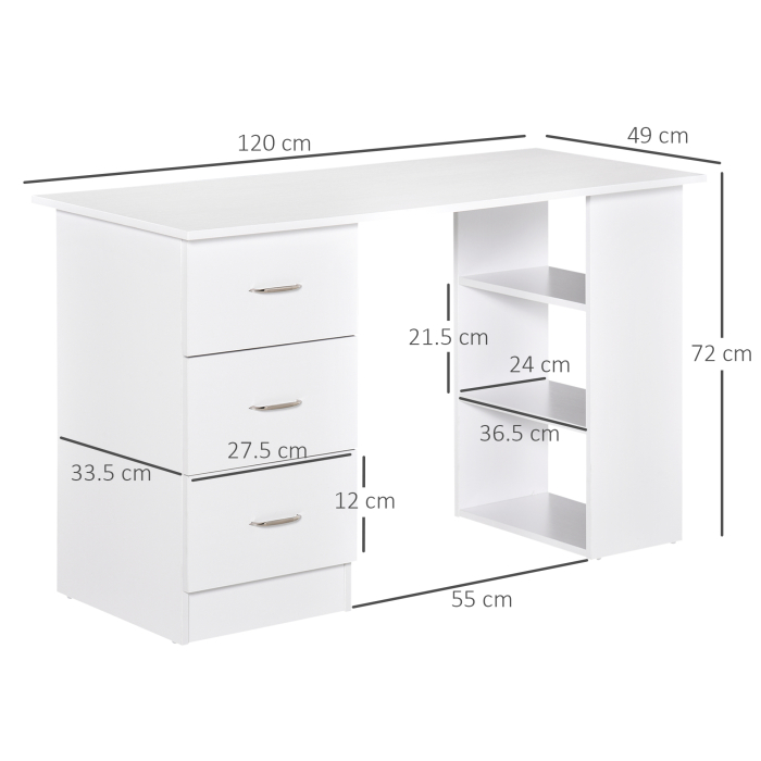  Birou modern cu 3 Sertare si Rafturi in Lemn Alb 120x49x72cm [3]