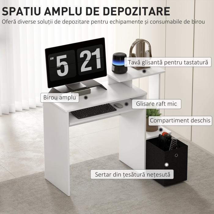  Birou Modern cu Raft pentru Tastatura si Sertar din Material Textil, 100x40x86,6cm, Alb si Negru [4]