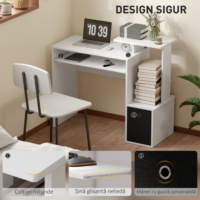  Birou Modern cu Raft pentru Tastatura si Sertar din Material Textil, 100x40x86,6cm, Alb si Negru [6]