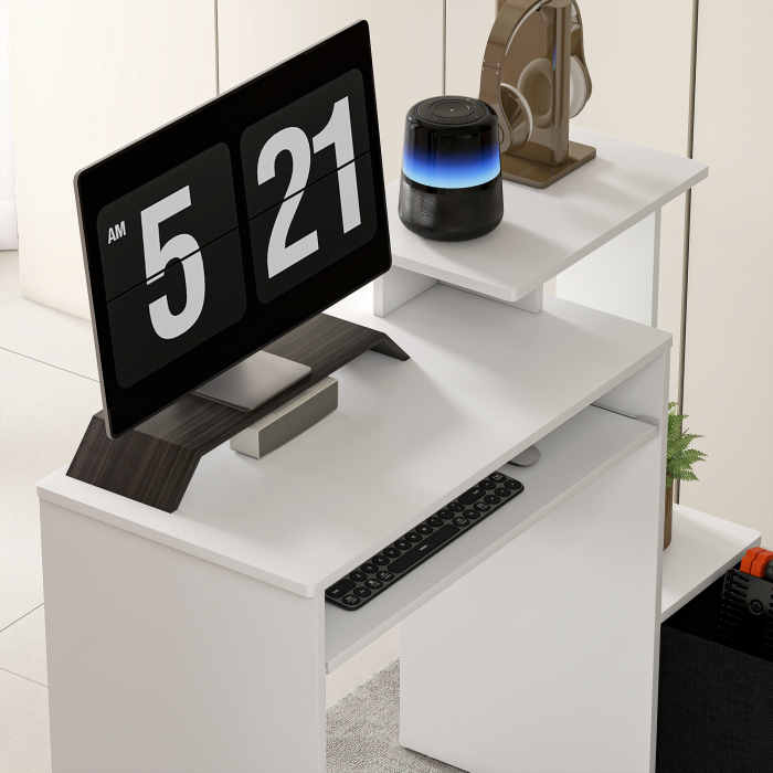  Birou Modern cu Raft pentru Tastatura si Sertar din Material Textil, 100x40x86,6cm, Alb si Negru [9]