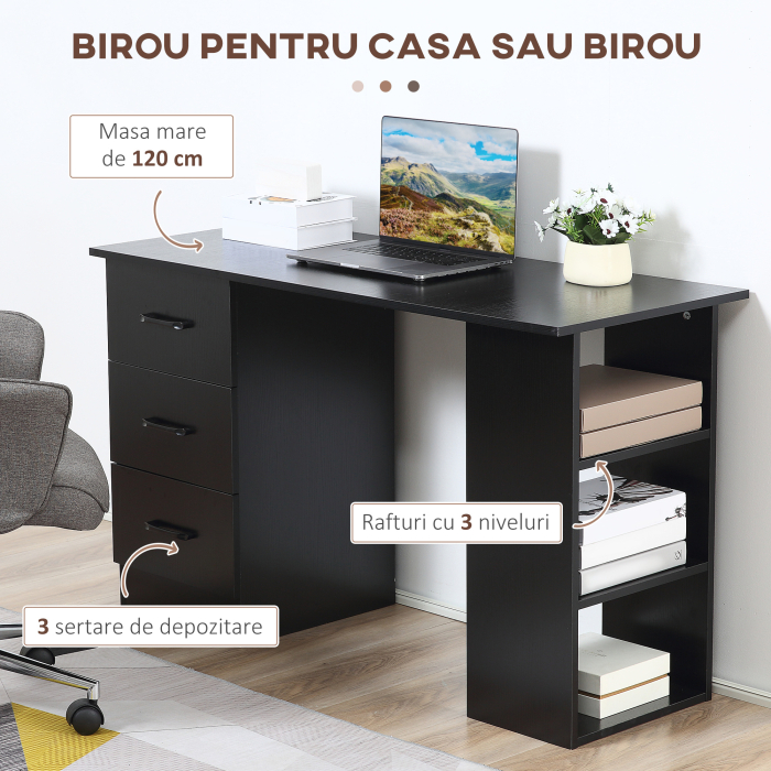  Birou Modern din Lemn cu 3 Sertare si 3 Rafturi pentru Camera si Birou, 120x49x72cm, Negru [4]