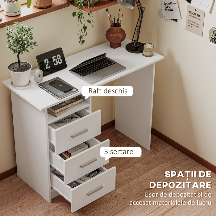  Birou Modern din Lemn cu 3 Sertare si Raft Deschis, 100x40x75 cm, Alb si Maro [4]