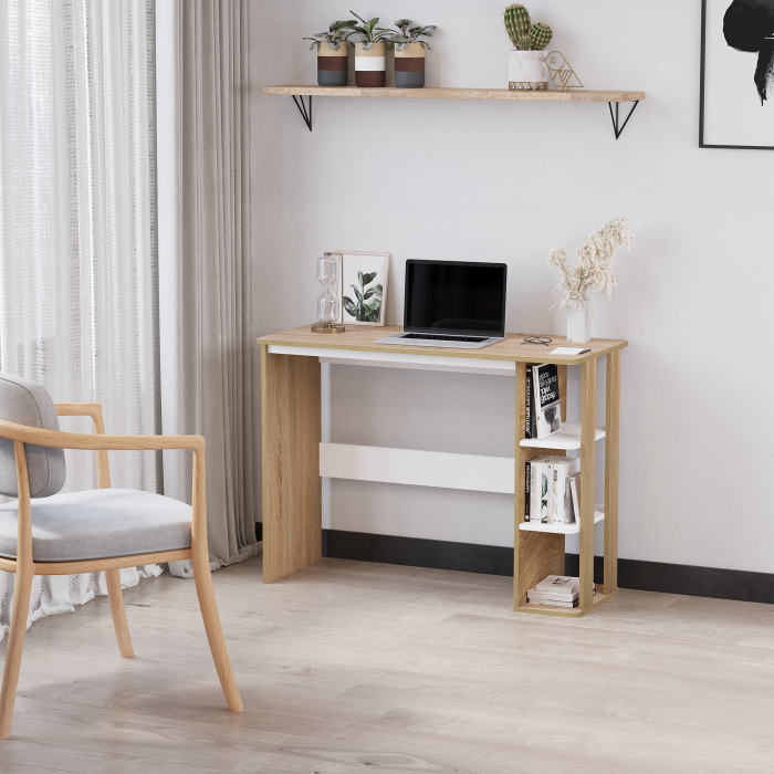  Birou Modern din Lemn cu Raft cu 3 Etaje, 100x44x74cm, Alb si Stejar [2]