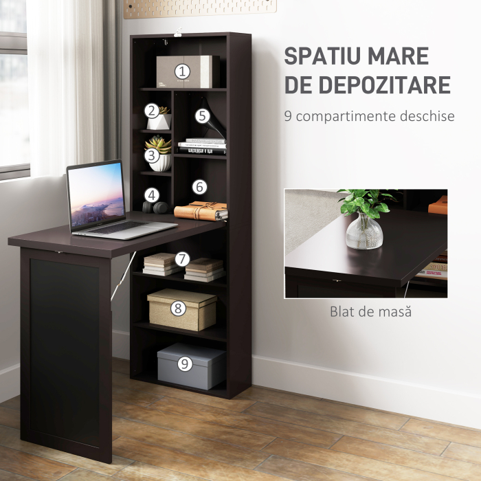  Birou Modern Pliabil cu Biblioteca si Tabla, din Lemn si Metal, 98x51x153 cm, Maro [5]