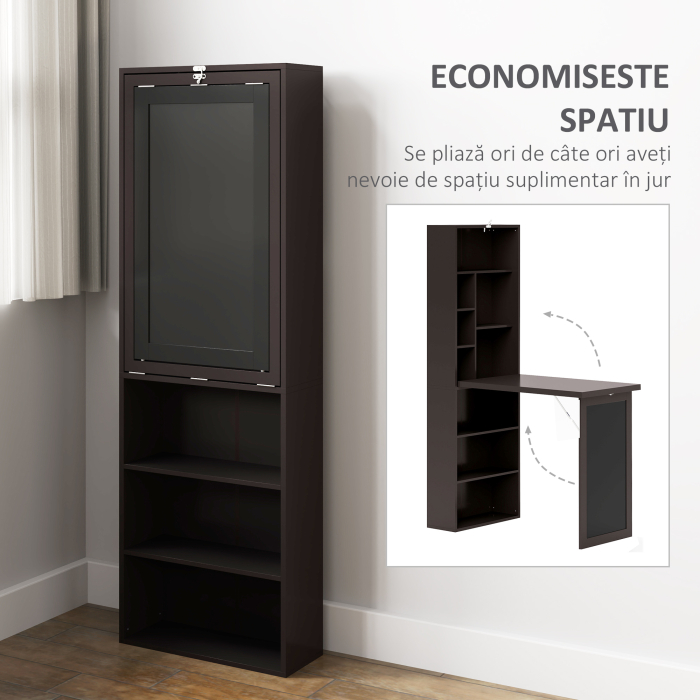  Birou Modern Pliabil cu Biblioteca si Tabla, din Lemn si Metal, 98x51x153 cm, Maro [6]