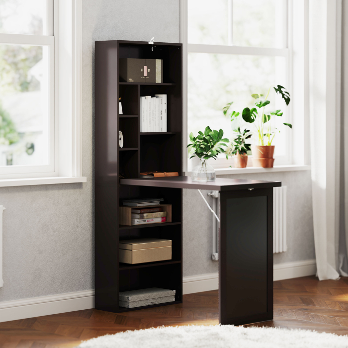  Birou Modern Pliabil cu Biblioteca si Tabla, din Lemn si Metal, 98x51x153 cm, Maro [2]