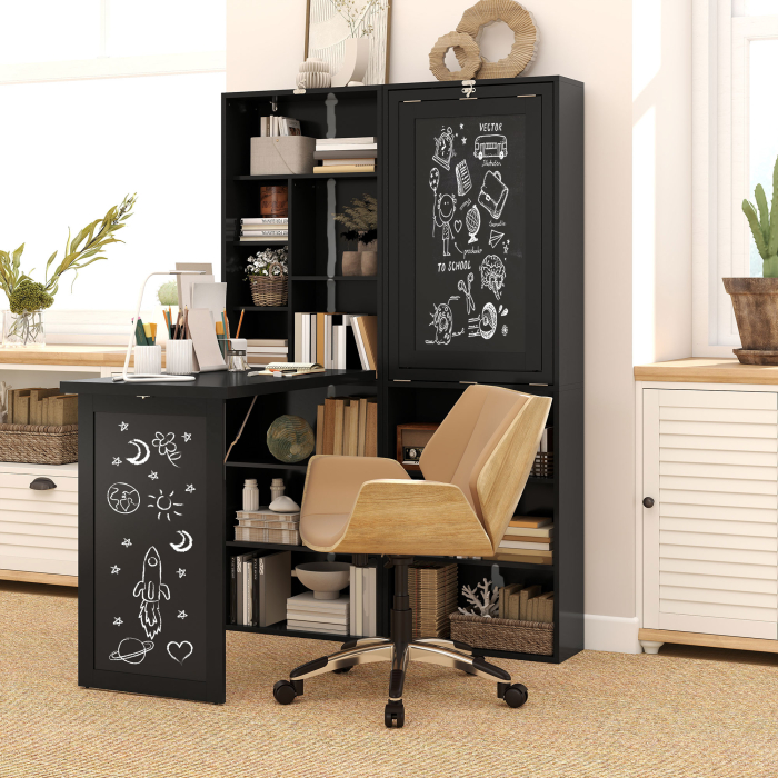  Birou Modern Pliabil cu Biblioteca si Tabla, din Lemn si Metal, 98x51x153 cm, Negru [2]