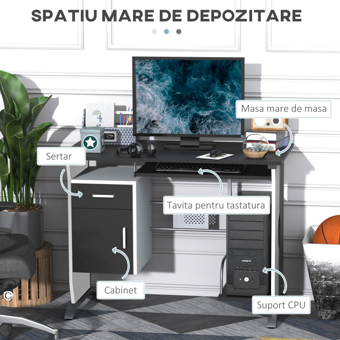  Birou PC 100×52×75 cm - Alb & Negru cu Sertar, Dulap si Raft [4]