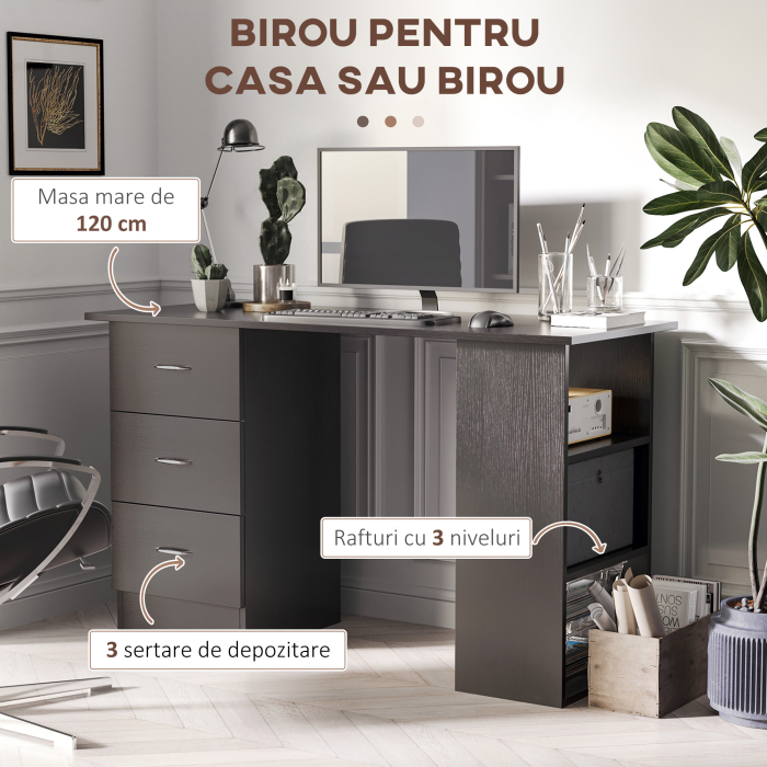  Birou PC cu 3 rafturi si 3 sertare pentru camera si birou, din lemn MDF, 120x49x72 cm, negru [4]