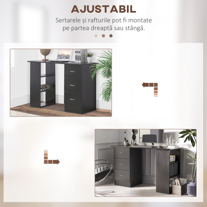  Birou PC cu 3 rafturi si 3 sertare pentru camera si birou, din lemn MDF, 120x49x72 cm, negru [6]
