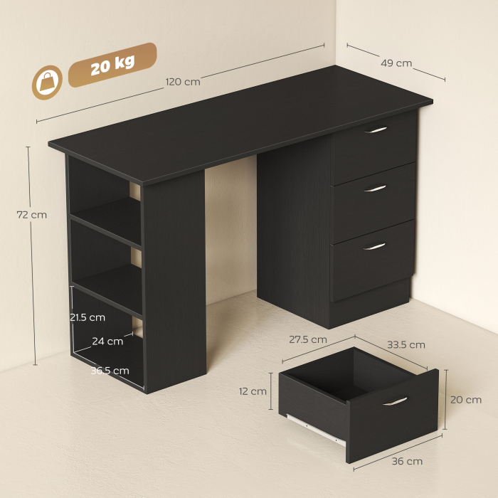 Birou PC cu 3 rafturi si 3 sertare pentru camera si birou, din lemn MDF, 120x49x72 cm, negru [3]