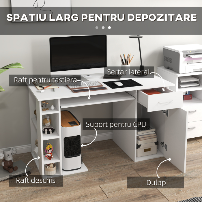  Birou PC Ergonomic - Alb, Cu Rafturi & Blat Tastatura [4]
