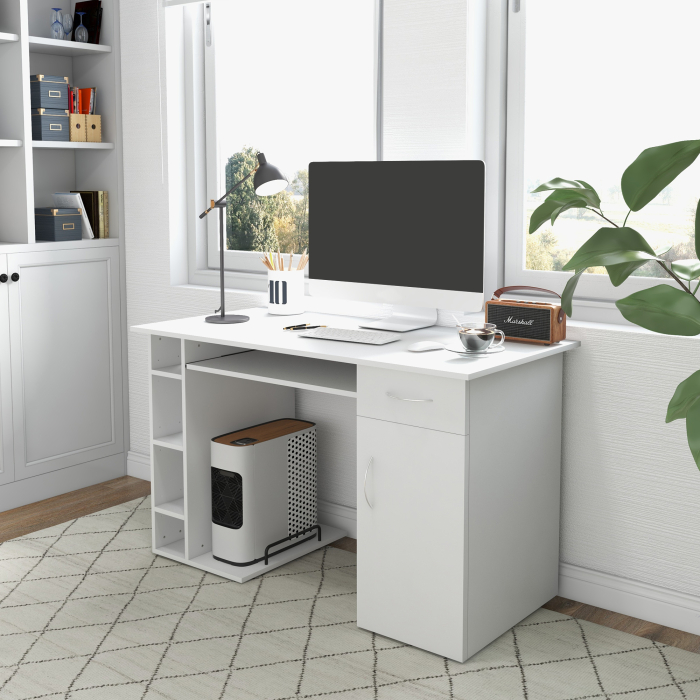 Birou PC Ergonomic - Alb, Cu Rafturi & Blat Tastatura [2]