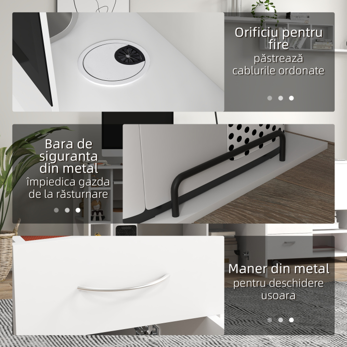  Birou PC Ergonomic - Alb, Cu Rafturi & Blat Tastatura [6]