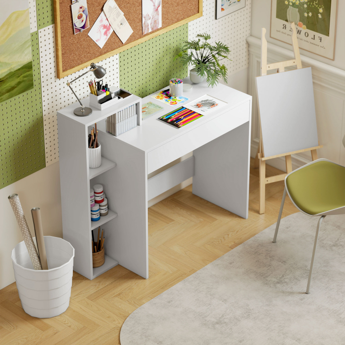  Birou PC Modern cu 3 Rafturi Deschise si Sertar, din Lemn Alb, 100x40x90 cm [9]