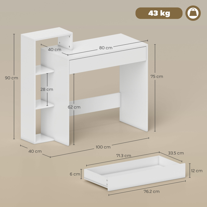  Birou PC Modern cu 3 Rafturi Deschise si Sertar, din Lemn Alb, 100x40x90 cm [3]