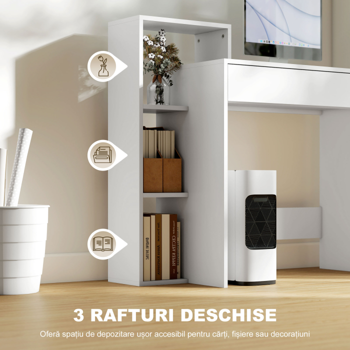  Birou PC Modern cu 3 Rafturi Deschise si Sertar, din Lemn Alb, 100x40x90 cm [4]