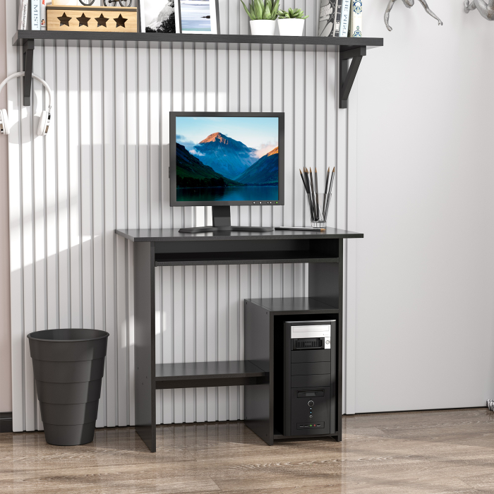  Birou PC Modern din Lemn cu Raft pentru Unitatea Centrala si Spatiu pentru Tastatura Glisanta, 80x45x75 cm, Negru [2]