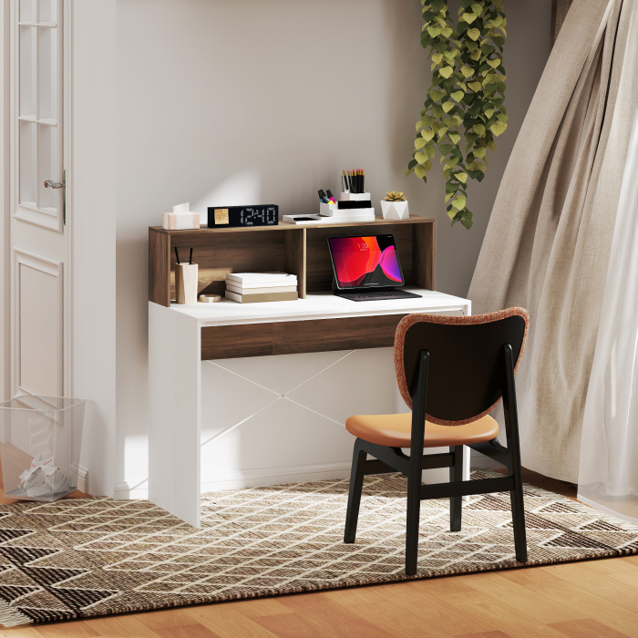  Birou PC pentru Studiu cu Blat inaltat si 2 Rafturi, 110x50x102.6 cm, Alb si Maro Nuc [7]