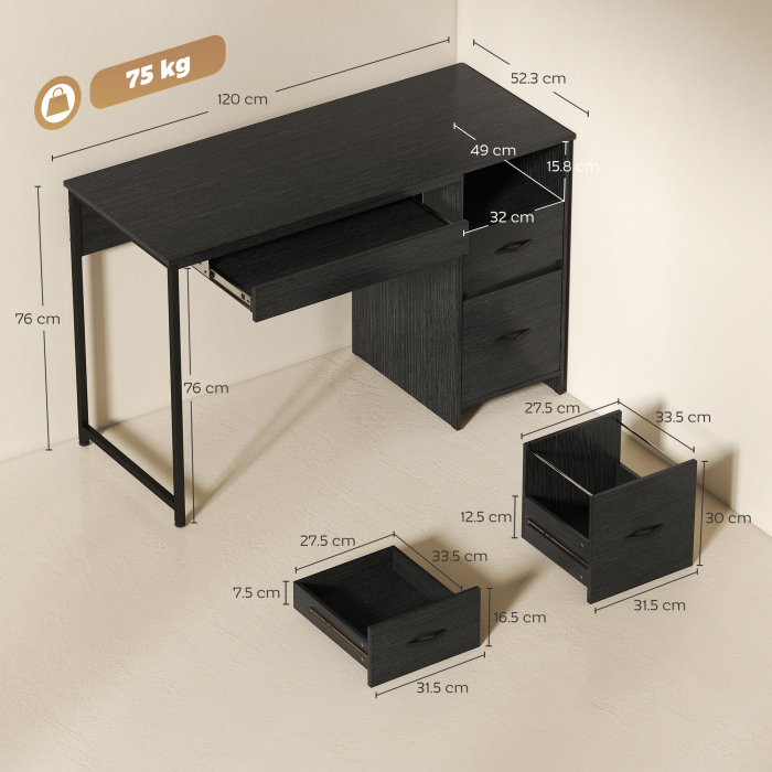  Birou pentru Computer, 120x52.3 cm, Birou Compact cu Suport pentru Tastatura, Compartiment Deschis si Sertare pentru Documente A4, Scrisoare, Legal, Birou Modern pentru Acasa sau Birou, Negru [3]